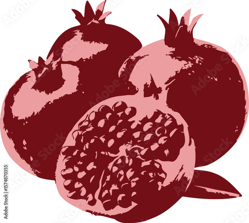 Illustration of three whole pomegranates and one halved fruit showing seeds in shades of red and pink