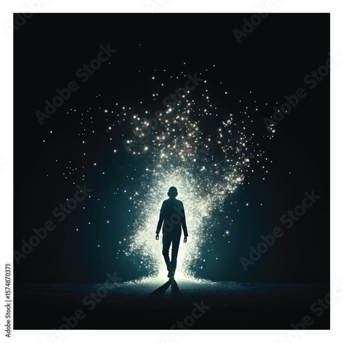 Ethereal Silhouette of a Person Disintegrating into Light Particles against Black Backdrop