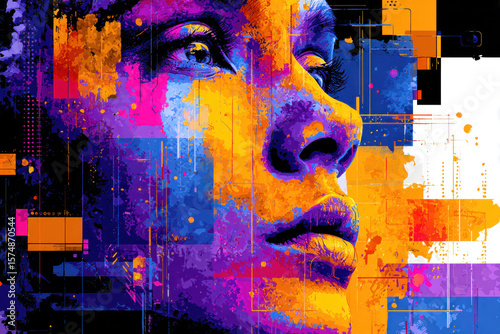 A striking look at a woman's face highlighted by bold colors and geometric shapes, emphasizing contemporary creativity