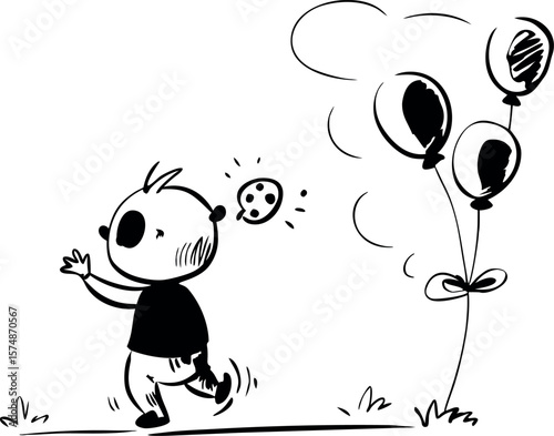 Joyful Silhouette of Child Playing with Balloons in Open Meadow
