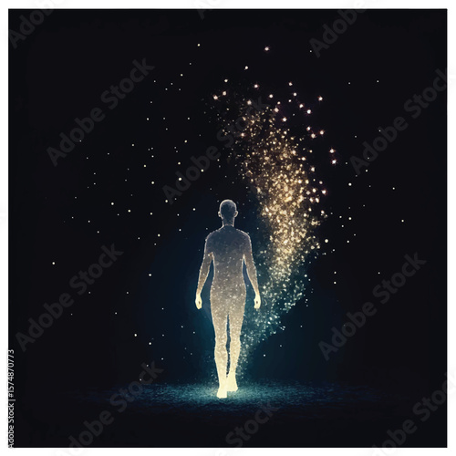 Ethereal Silhouette of a Person Disintegrating into Light Particles against Black Backdrop