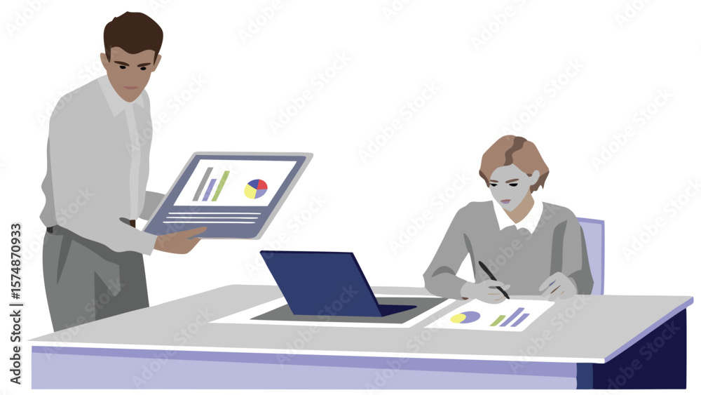 Two people working on data analysis with laptop and charts in an office environment at a desk Two people working on data analysis with laptop and charts in an office environment at a desk