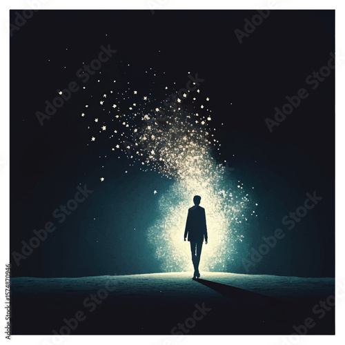 Ethereal Silhouette of a Person Disintegrating into Light Particles against Black Backdrop