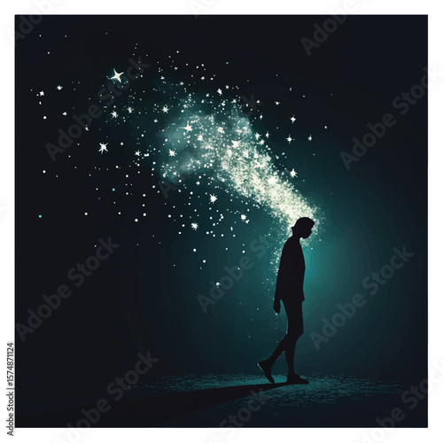 Ethereal Silhouette of a Person Disintegrating into Light Particles against Black Backdrop