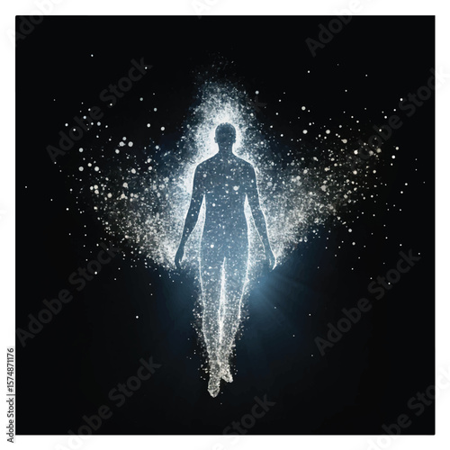 Ethereal Silhouette of a Person Disintegrating into Light Particles against Black Backdrop