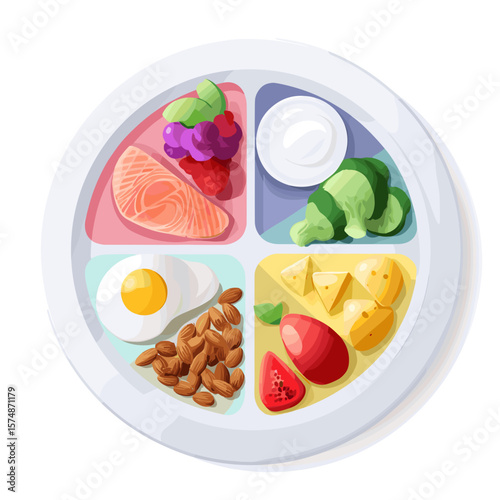 Balanced plate featuring salmon, berries, yogurt, broccoli, egg, almonds, cheese and fruit, creating a nutritionally complete meal.