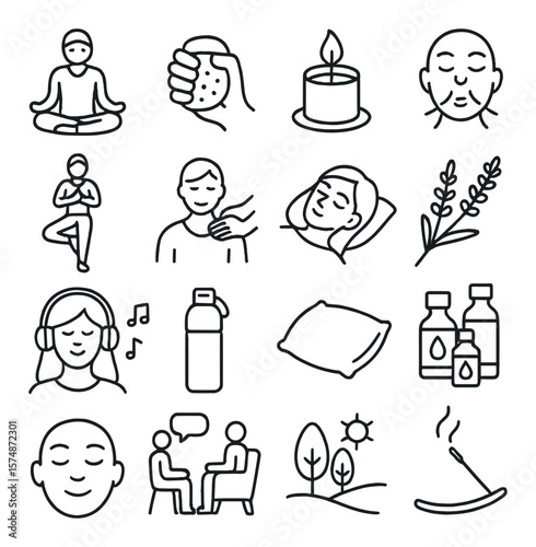 Stress relief icon collection, relaxation symbols set. mindfulness and calmness design