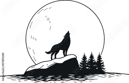 Lone Wolf Howling at the Moon – Minimalist Silhouette Illustration