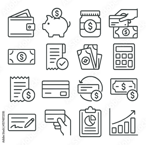 Financial icons collection, money and banking symbols. economic transaction set