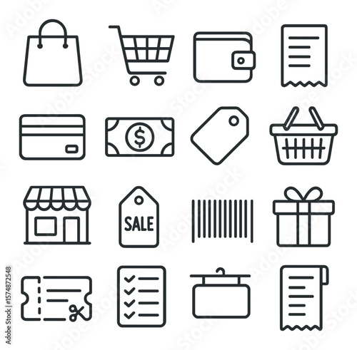 Shopping essentials collection, retail icon set. commerce and sale symbols for mall design