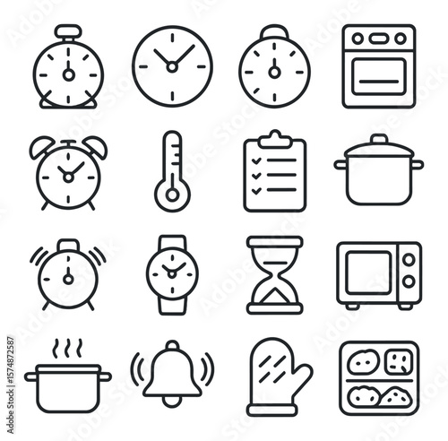 Cooking timer collection, timekeeping kitchen symbols. baking and culinary icon set
