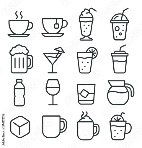 Beverage icons collection, drinks and refreshment symbols. coffee, tea, and more