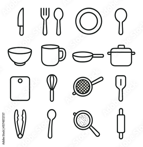 Kitchen tool icon collection, cooking utensil symbols. culinary and kitchenware set