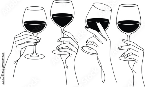 Elegant Hand Holding Wine Glasses, Minimal Line Art Vector Set.

