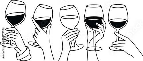 Elegant Hand Holding Wine Glasses, Minimal Line Art Vector Set.

