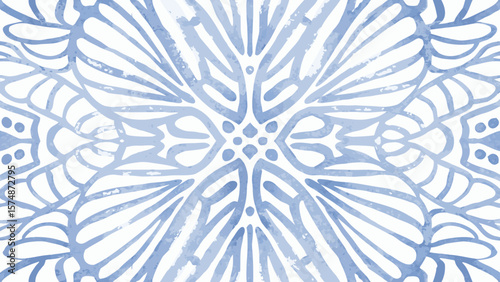 Abstract watercolor pattern with symmetrical floral and leaf elements in blue and white hues design