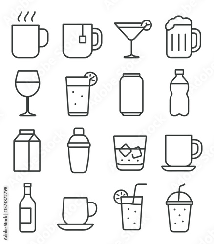 Beverage icon collection, drink and refreshment symbols. simple and minimalist design set