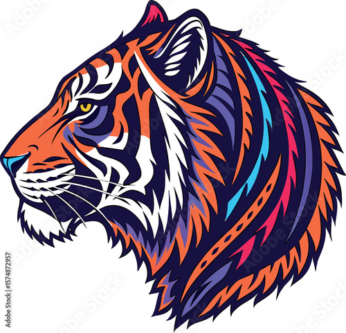 Magnificent Tiger Profile in vibrant colors: A striking profile of a tiger is presented, highlighting its regal nature and intricate beauty.