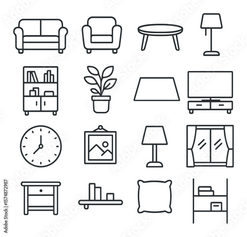 Living room icon collection, home decor and furniture symbols for interior design projects