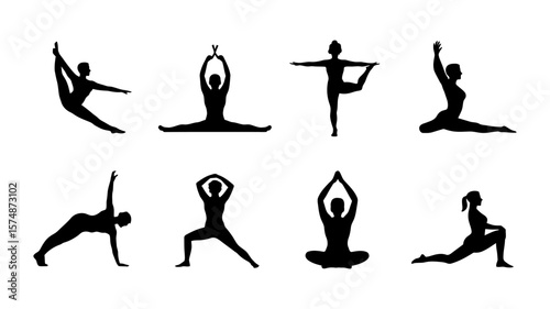 Vector art of collection of women performing different yoga and pilates exercises in silhouette