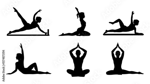 Vector art of diverse group of people performing various yoga and pilates poses in silhouette