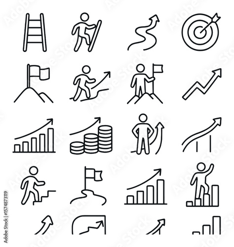 Path to success collection, achievement and growth symbols. progress and goal icons set