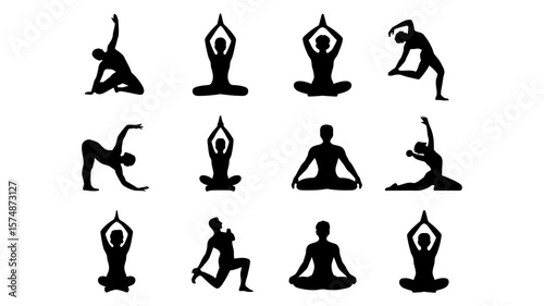 Vector art of a comprehensive set of yoga and pilates silhouettes showcasing diverse poses and figures