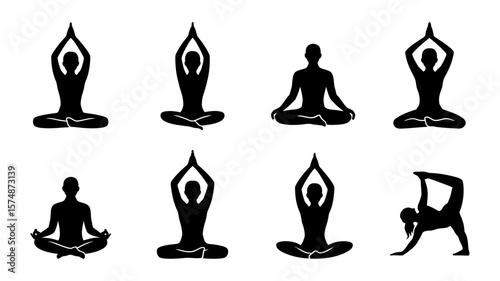Vector art of multiple women in silhouette performing seated yoga and pilates poses