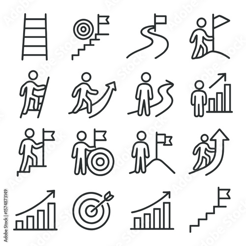 Career success icon collection, achievement and progress symbols for growth and goals