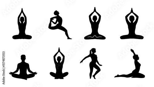Vector art of group of women in silhouette demonstrating various yoga and pilates postures