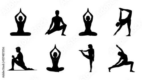 Vector art of a collection of eight diverse yoga poses depicted as black silhouettes