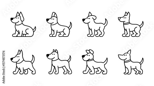 Vector art of a set of eight charming cartoon dogs in various poses and styles