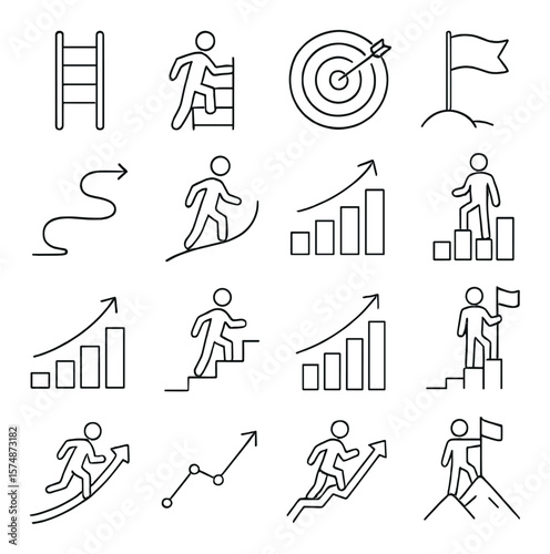 Path to success collection, motivation icons. achievement and progress design set