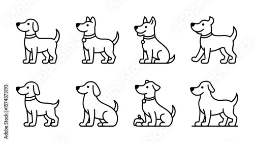 Vector art of a group of eight charming cartoon dogs in various poses and styles