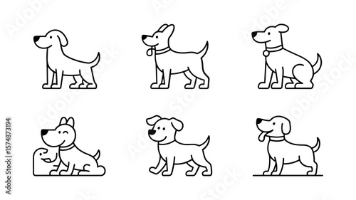 Vector art of a collection of six simple line art illustrations of cute dogs