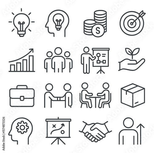 Entrepreneurial icon collection, business startup symbols. innovation and growth icons set