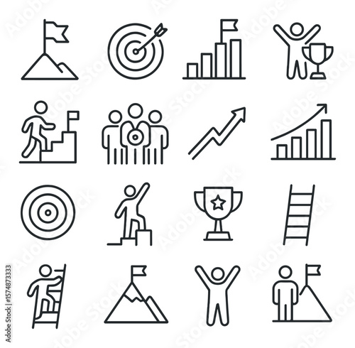 Milestone achievement collection, success and goals. progress tracking and reward icons