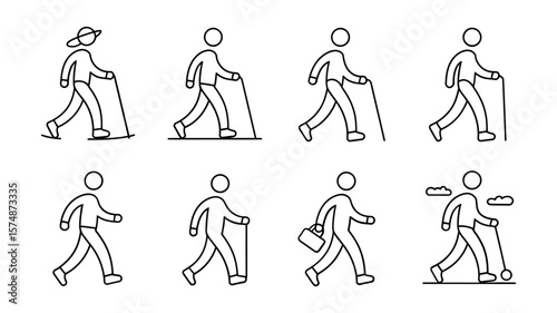 Vector art of collection of stick figures engaged in various walking activities with poles and accessories