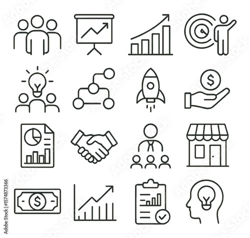 Business growth icons collection, success and startup symbols. development set essentials