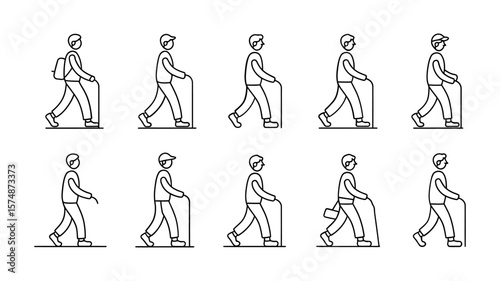 Vector art of a set of ten diverse line art illustrations depicting people walking with walking sticks and accessories