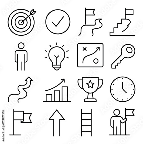 Goal achievement collection, success symbols and milestone icons for productivity