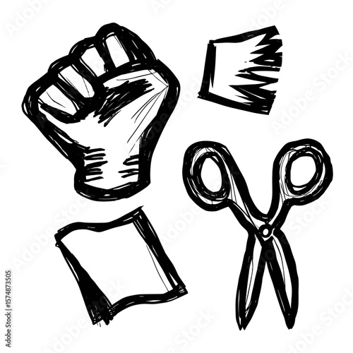 Hand-drawn symbols of rock, paper, scissors game in black outline  