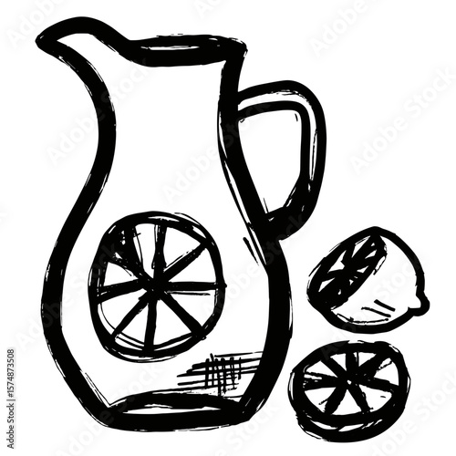 Hand-drawn lemon pitcher with sliced lemons on white background  