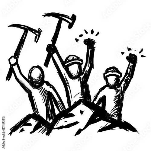 Workers celebrating a victory while holding pickaxes in a mine  