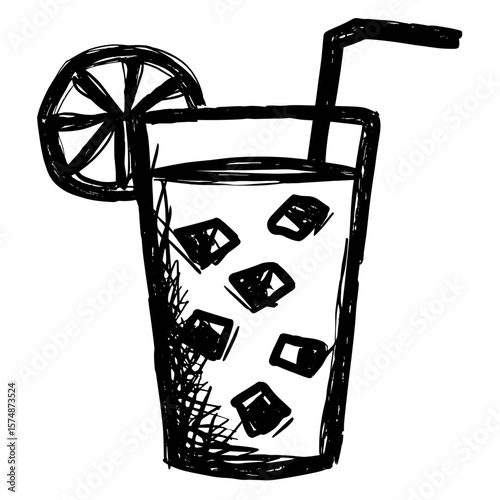 Refreshing beverage with ice and lemon slice in doodle style  