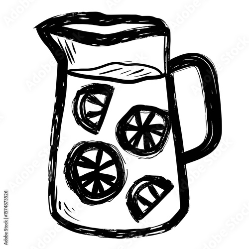 Sketch of a pitcher filled with lemonade and lemon slices  