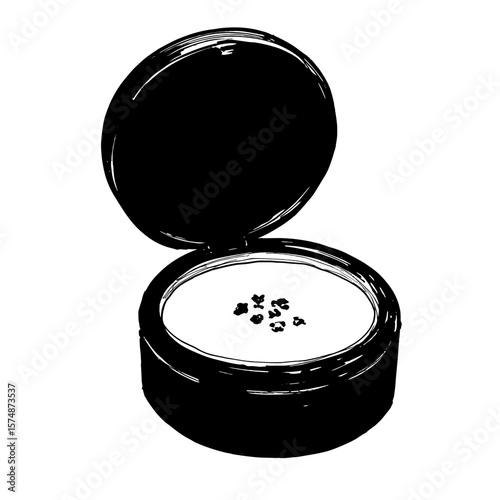 Open cosmetic powder container with powder inside  