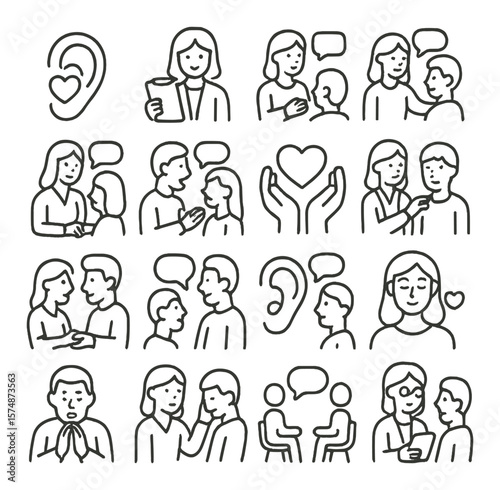 Compassionate listening collection, empathy and communication icons. counseling support set