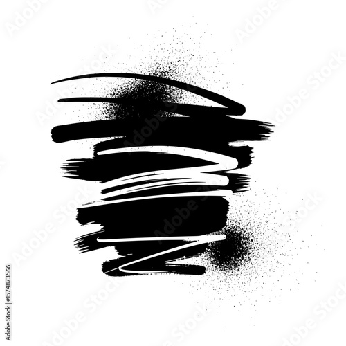 Abstract black brush strokes with spray effect on white background  