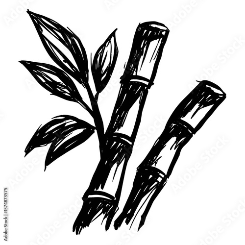 Hand-drawn bamboo stalks with leaves in black and white sketch style  